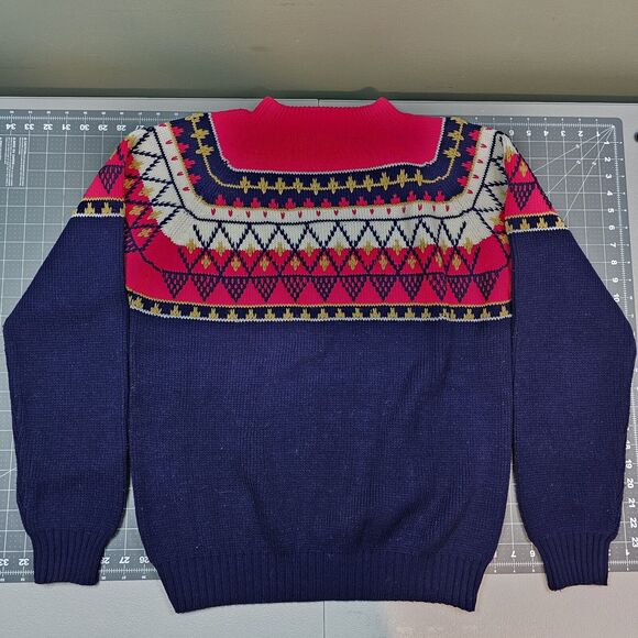 Vintage Jc Penney Sweater Medium 70s 80s Fair Isle Blue Preppy Retro Geometric - Picture 1 of 7